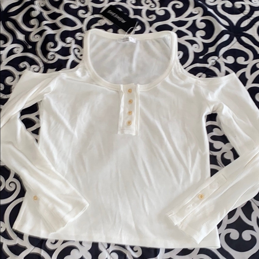 New Medium white long sleeve with shoulder cut off